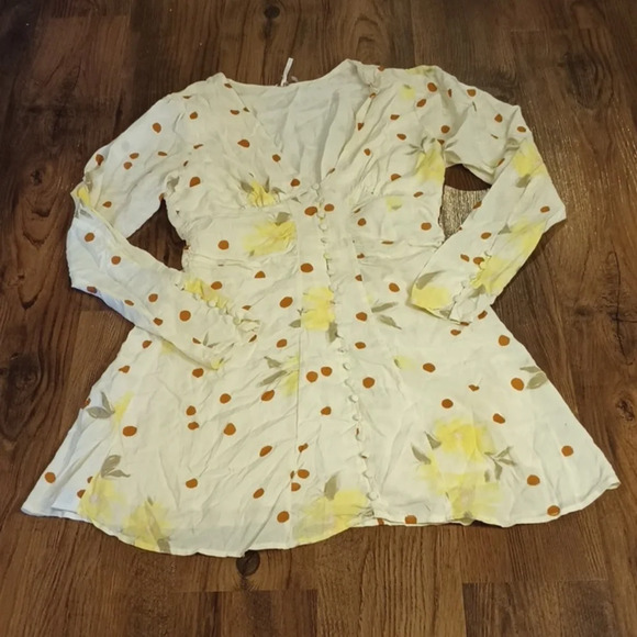 Free People White Floral and Polka Dot Long Sleeve mini Dress GGG - Picture 1 of 7
